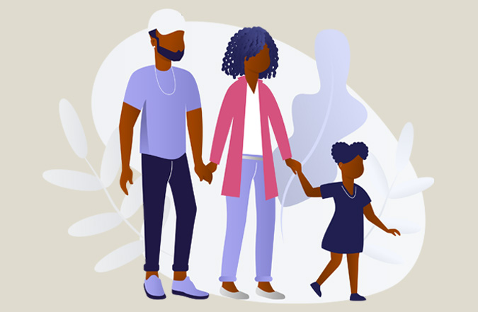 Illustration of a mom, dad, and daughter holding hands